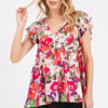 Mittoshop Floral V-Neck Ruffled Cap Sleeve Blouse - Red
