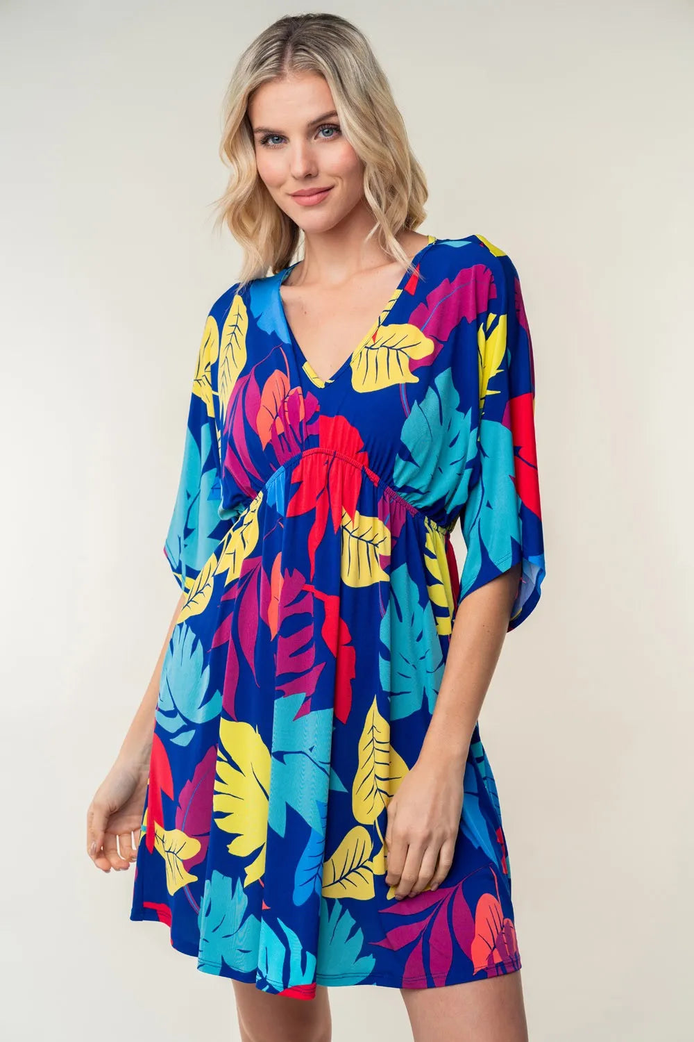 White Birch Full Size Printed V-Neck Mini Dress - Farnelli