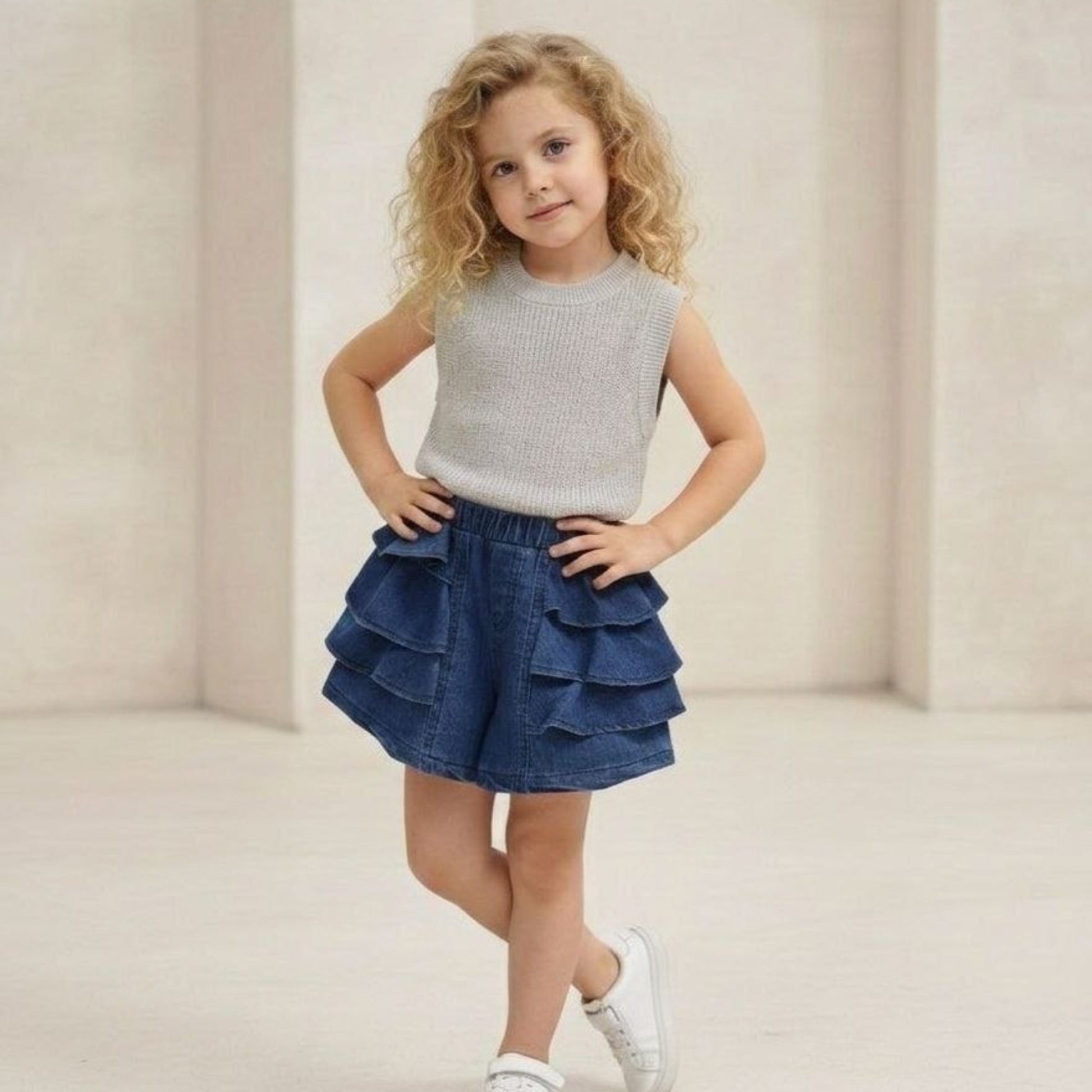 Denim Ruffle Girls Skirt Set-0