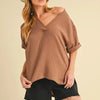 Aemi + Co Side Slit V-Neck Short Sleeve Blouse - Caramel