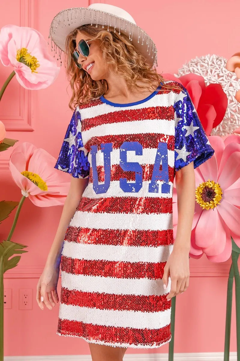 BiBi American Flag Theme Usa Print Sequin Dress - Farnelli