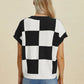 Double Take Full Size Checkered Round Neck Short Sleeve Sweater - Farnelli