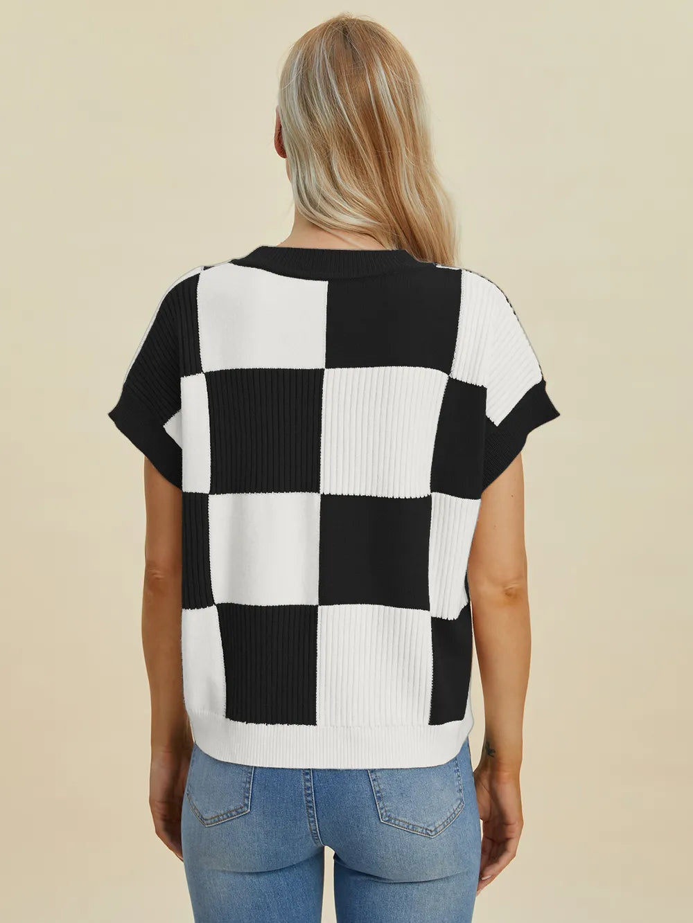 Double Take Full Size Checkered Round Neck Short Sleeve Sweater - Farnelli