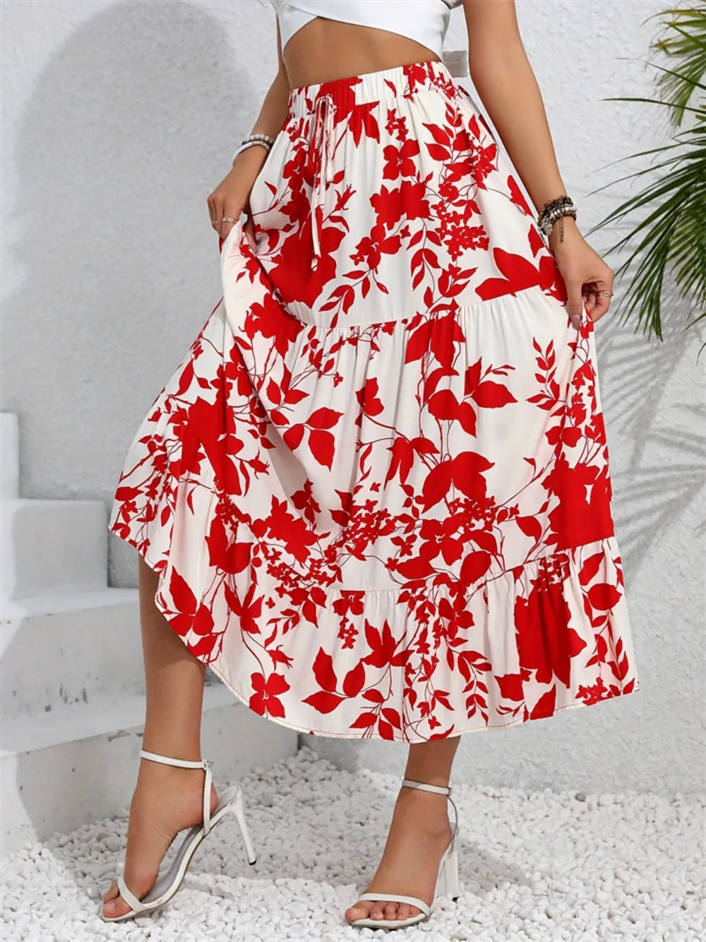 Ruffled Hem Printed Midi Skirt - Farnelli
