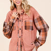 Mittoshop Button Down Contrast Plaid Patchwork Shacket - Terracotta