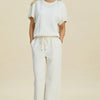 Double Take Full Size Pearl Detail Round Neck Top and Pants Set - Cream