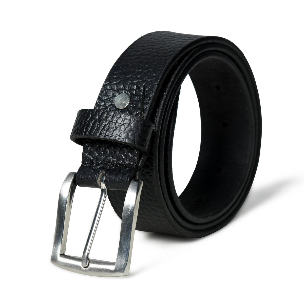 Nexus black leather belt from Classy Leather Bags, featuring a sleek leather strap with a silver buckle for men.
