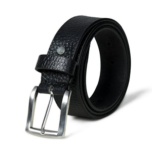 Nexus black leather belt from Classy Leather Bags, featuring a sleek leather strap with a silver buckle for men.