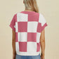 Double Take Full Size Checkered Round Neck Short Sleeve Sweater - Farnelli