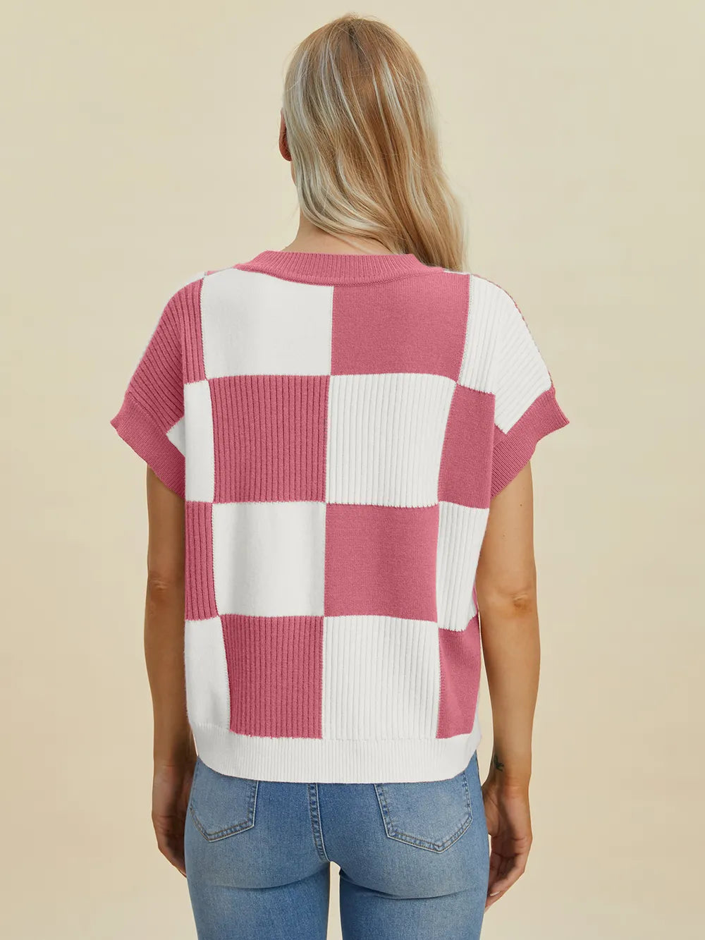Double Take Full Size Checkered Round Neck Short Sleeve Sweater - Farnelli