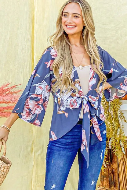 And The Why Front Tie Knot Floral Print Top - Farnelli