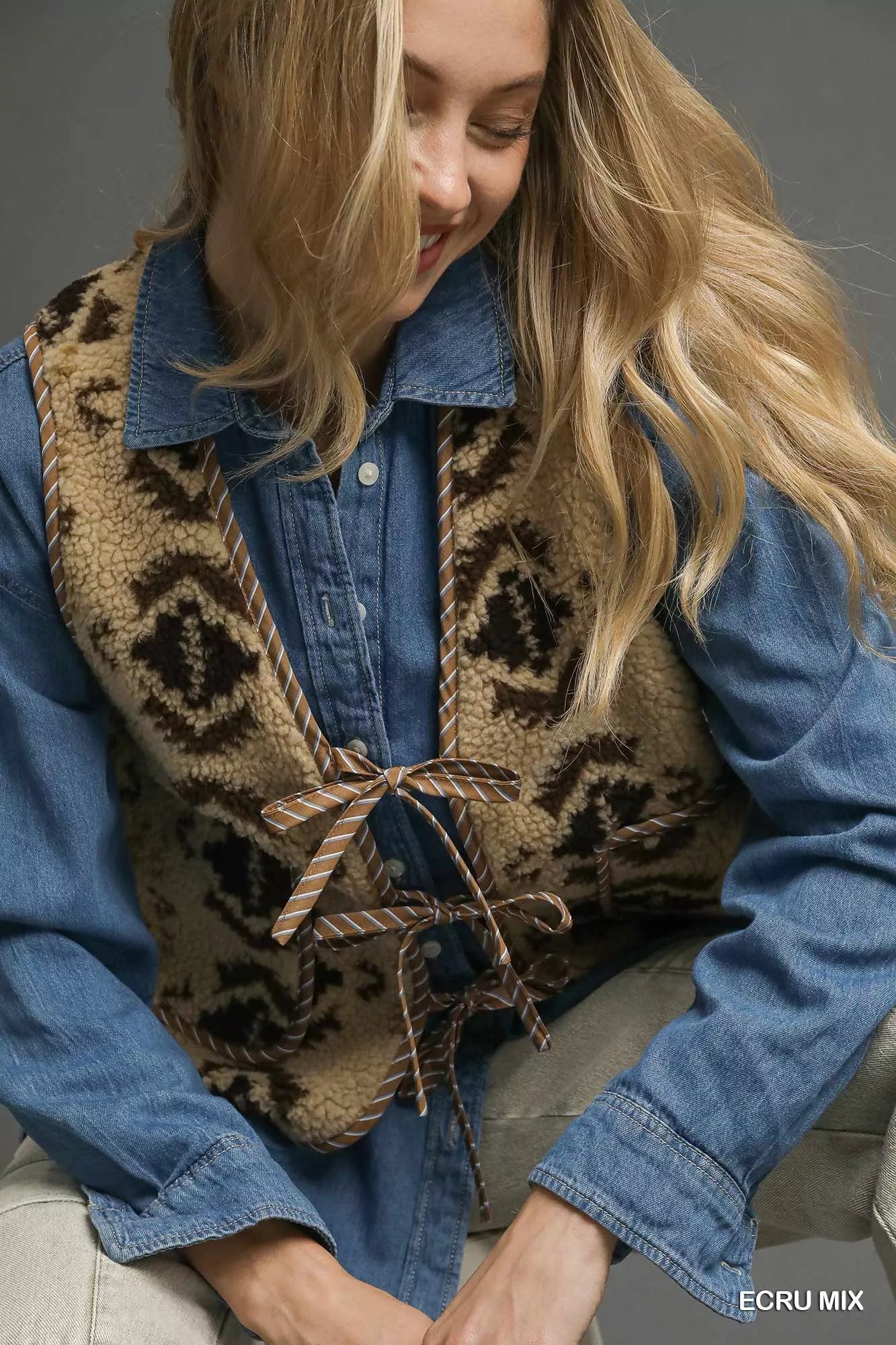 Umgee Mix Patterned Sherpa Tie-Front Vest - Farnelli