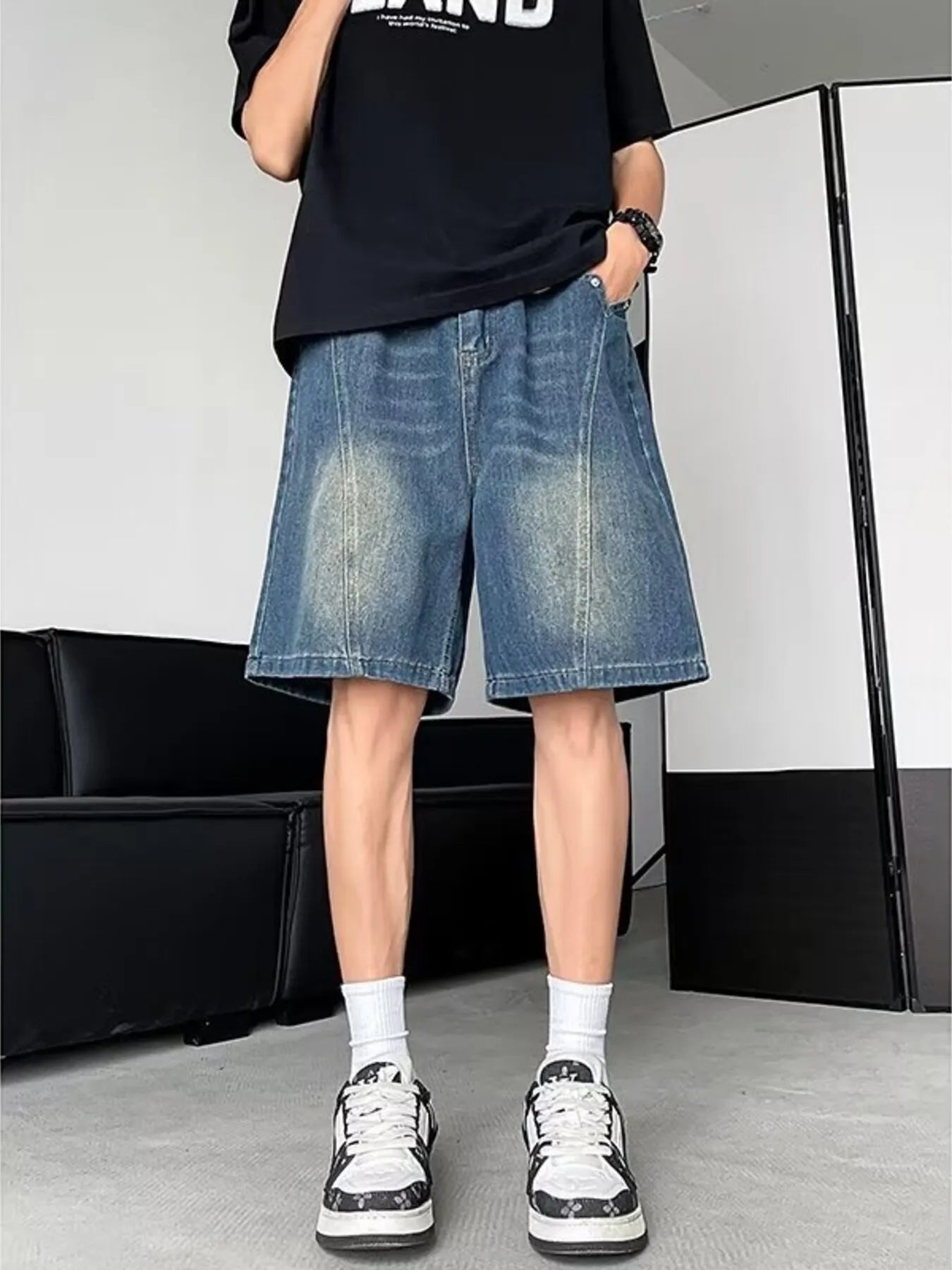 Men's Plus Size Vintage Wash Loose Fit Denim Shorts - Farnelli