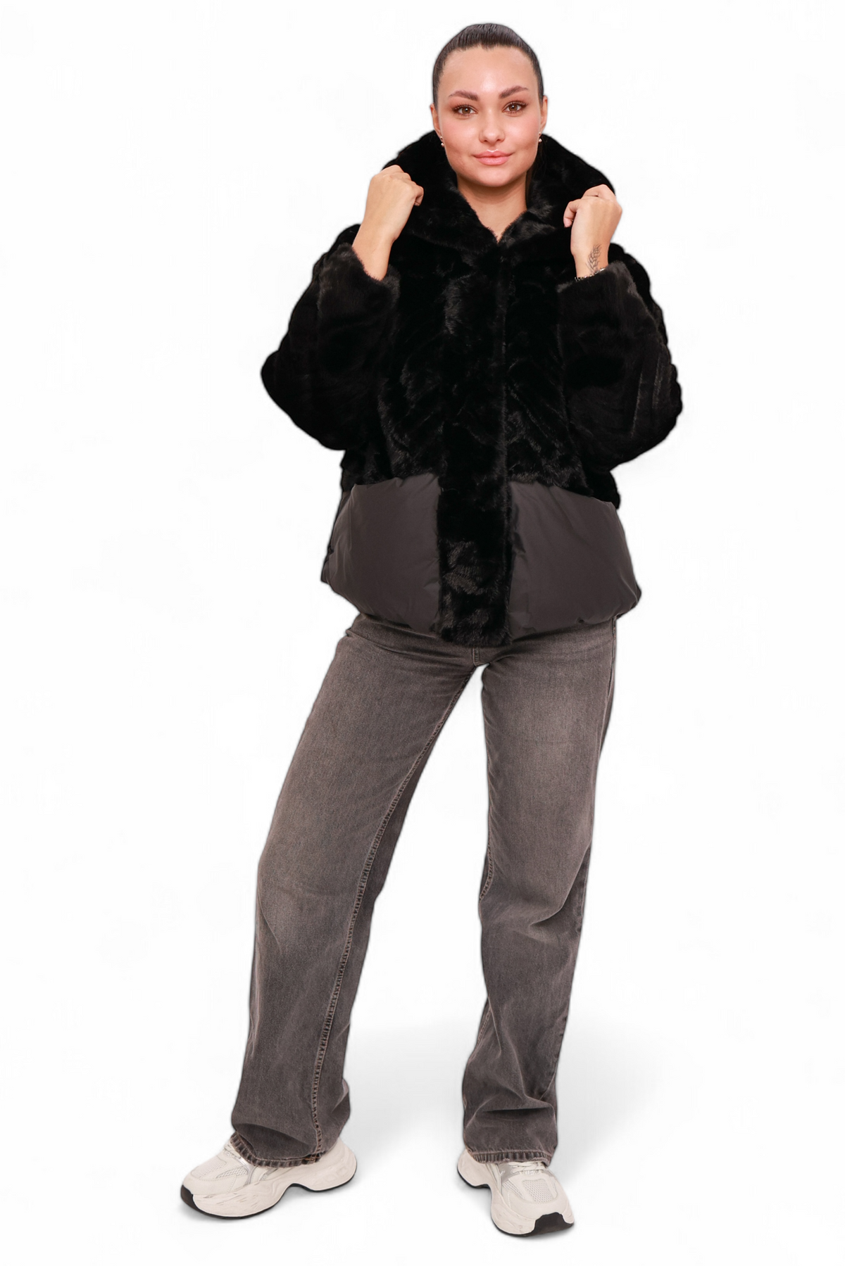 Alaska® Outerwear Company Montana Eco-Fur Down Coat in black, insulated winter coat with eco-fur trim and hood.