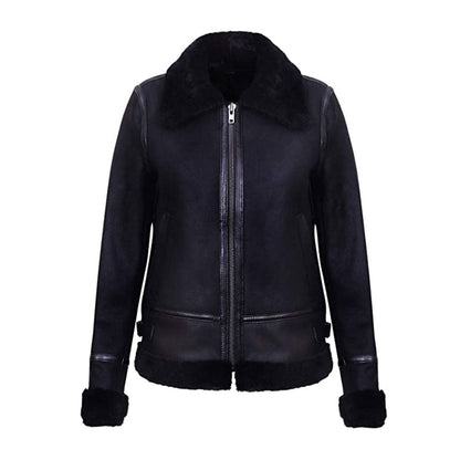 Women’s Black B3 Sheepskin Shearling Aviator Motorbike Leather Jacket