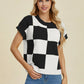 Double Take Full Size Checkered Round Neck Short Sleeve Sweater - Farnelli