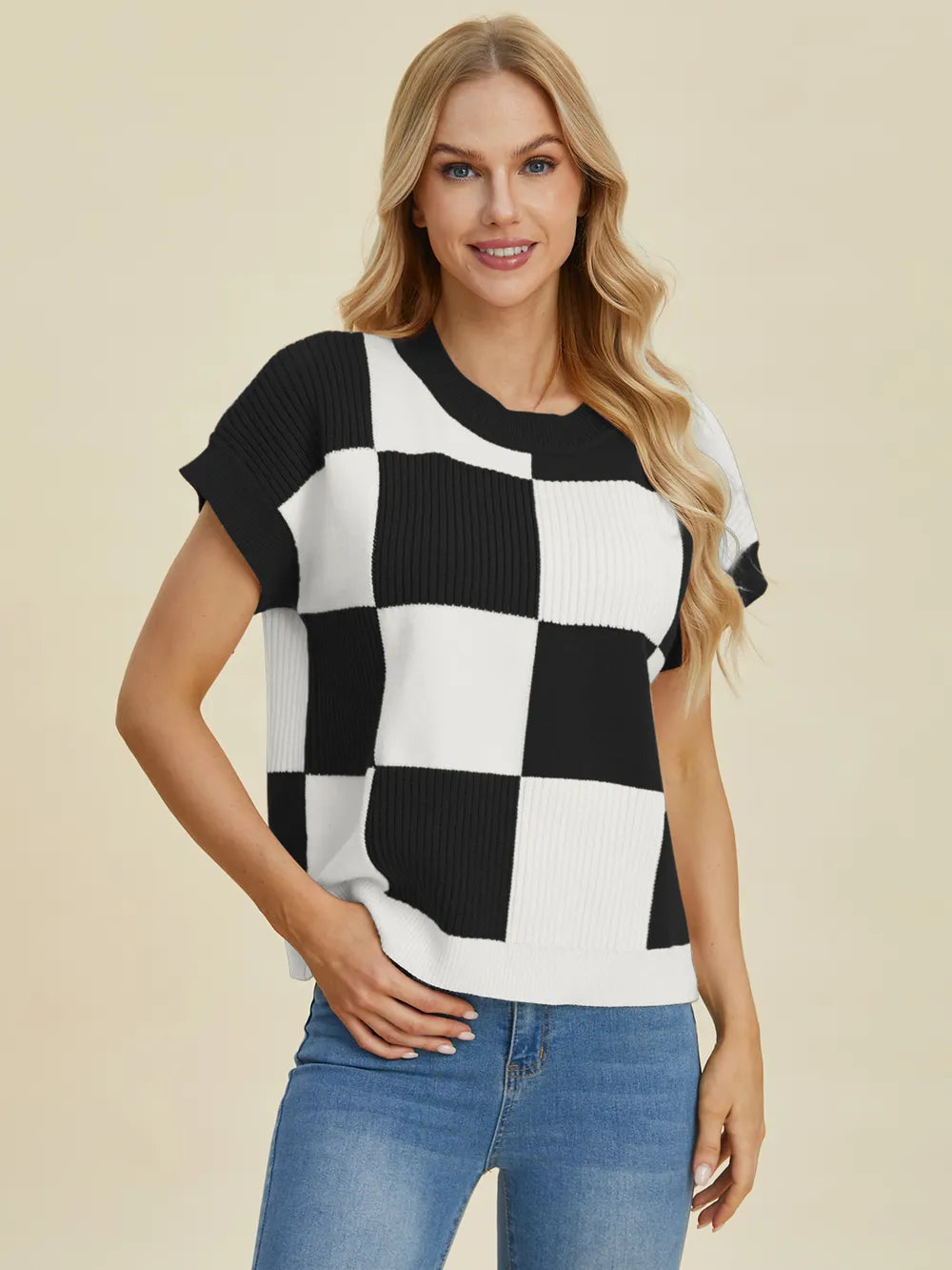 Double Take Full Size Checkered Round Neck Short Sleeve Sweater - Farnelli