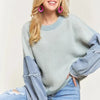 ADORA Plus Size Frayed Denim Sleeve Sweater Top - BLUE
