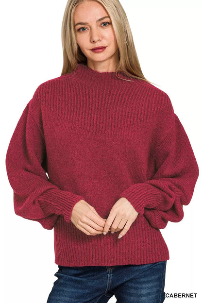 Zenana Balloon Sleeve Mock Neck Sweater - Farnelli