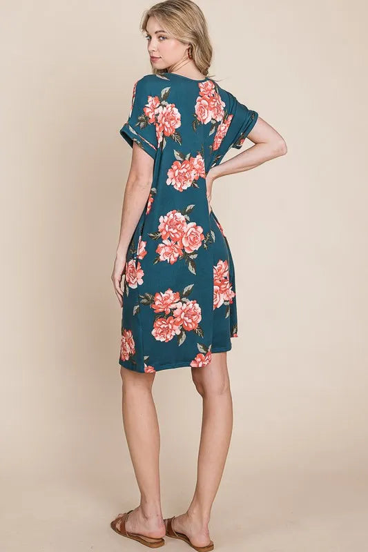 BOMBOM Floral Round Neck Short Tee Dress with Pockets - Farnelli