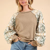 VERY J Printed Long Sleeve Round Neck Knit Top - Camel