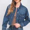 Love Tree Raw Hem Button Up Cropped Denim Jacket - BLUE