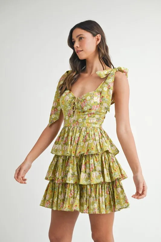 MABLE Floral Print Shoulder Tie Layered Mini Dress - Farnelli