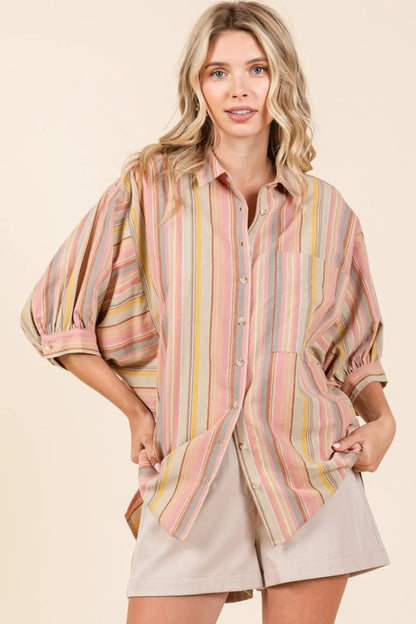 Mittoshop Striped Bubble Sleeve Button Down Shirt - Farnelli