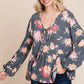 Super Lady Full Size Babydoll Floral Long Sleeve Blouse - Farnelli