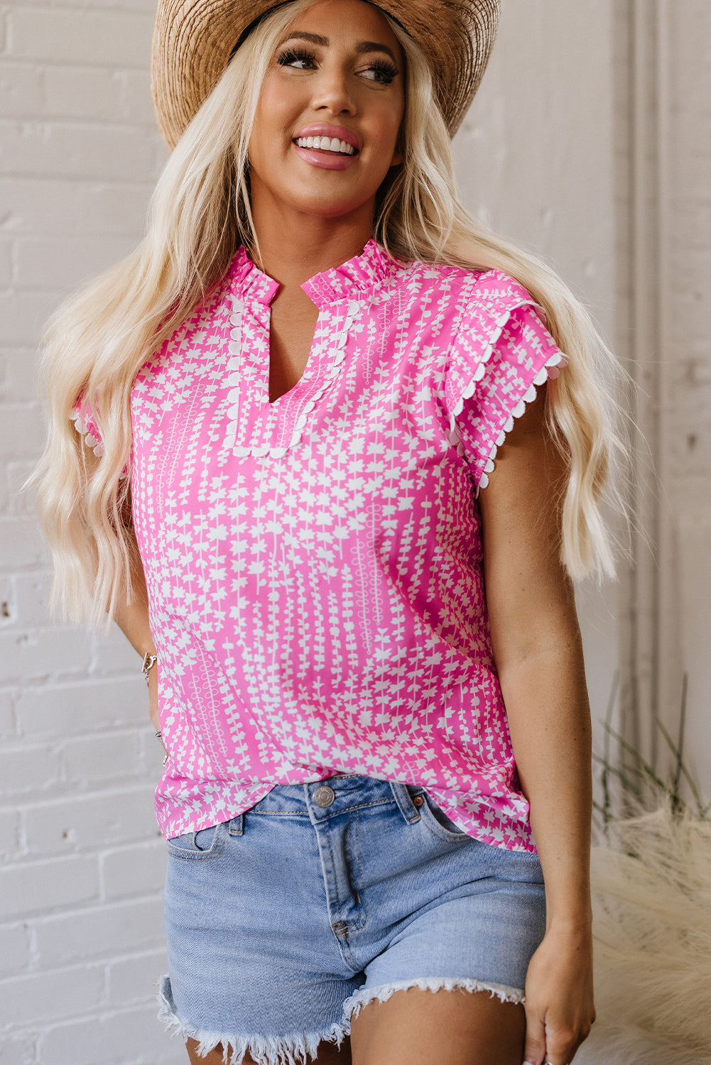 Cynthia Ric Rac Trim Flutter Sleeve Notch V Neck Blouse - Farnelli