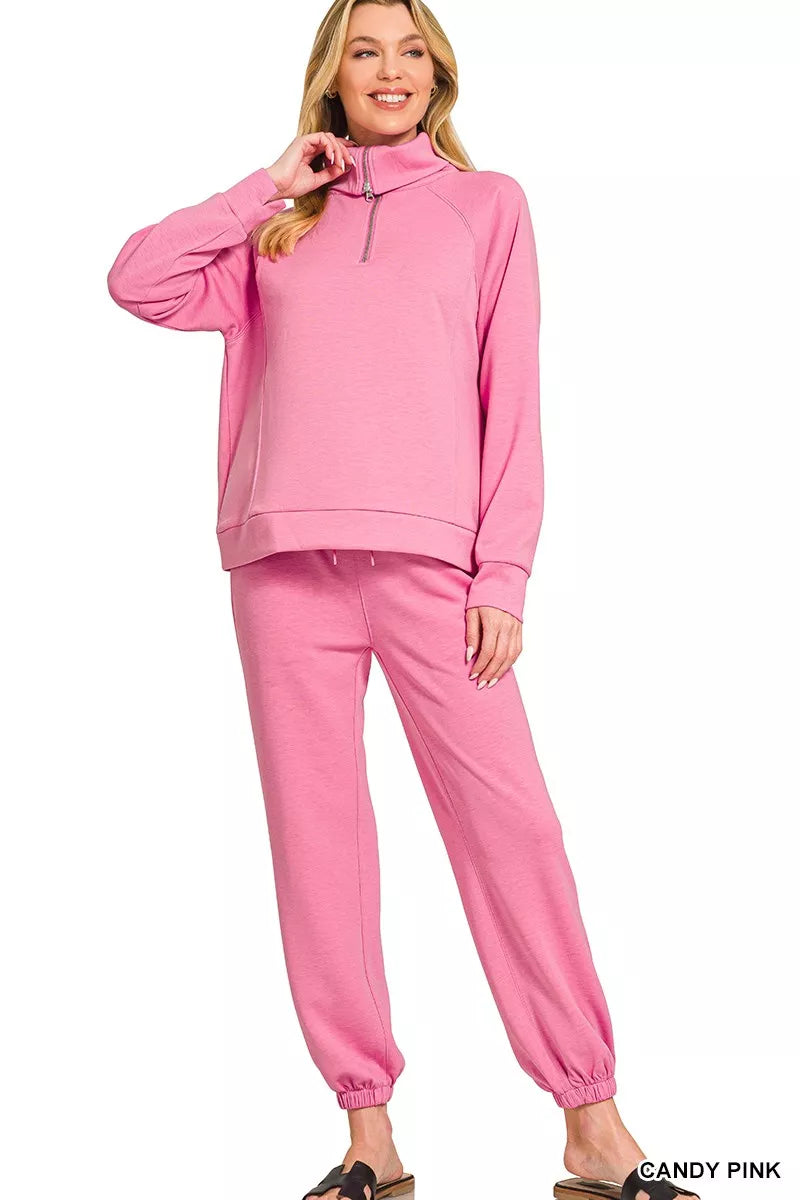 Zenana Scuba Half Zip Sweatshirts and Joggers Set - Farnelli