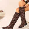 Point Toe Block Heels Boots - Leopard Brown