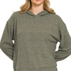 Zenana Ribbed Long Sleeve Hoodie - DK OLIVE
