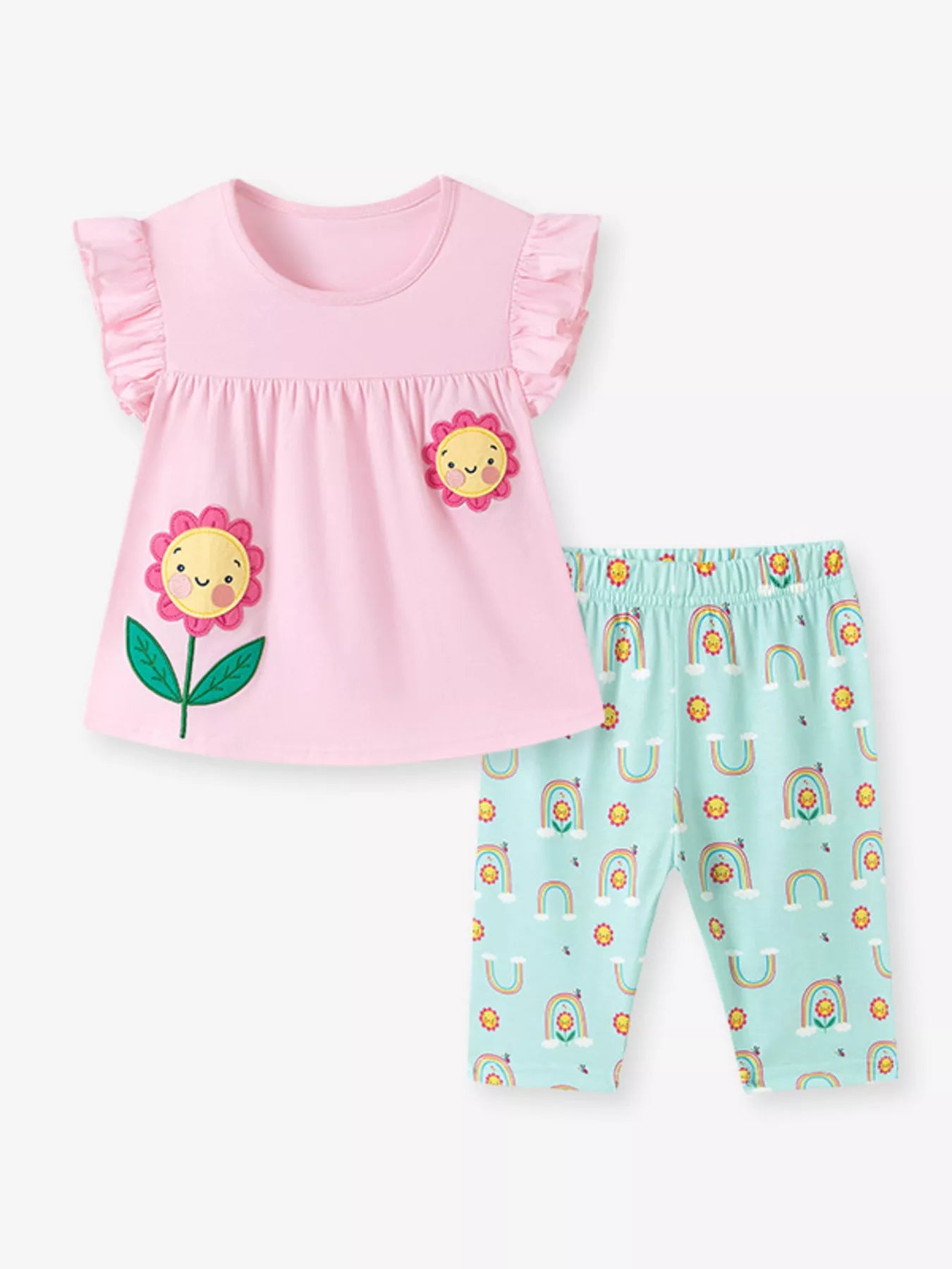 Children's Flower Appliqué Top & Rainbow Print Capri Set - Farnelli