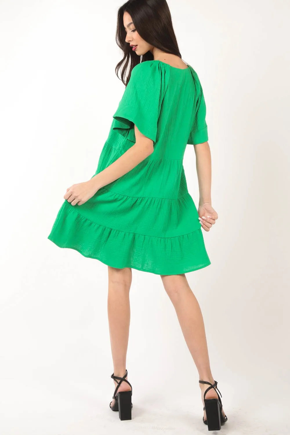 VERY J Texture V-Neck Ruffled Tiered Dress - Farnelli