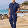 Men's Full Size Half Button Top and Drawstring Pants Set Plus Size - Navy