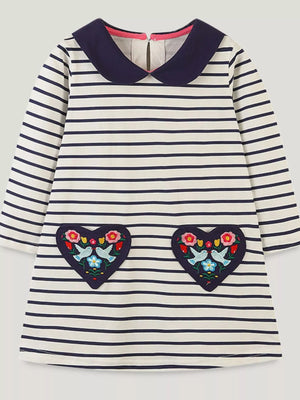 Children's Embroidered Striped Long Sleeve Dress - Farnelli