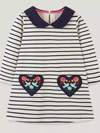 Children's Embroidered Striped Long Sleeve Dress - Farnelli