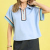 Umgee Contrast Trim Half Zip Collared Blouse - ICE BLUE