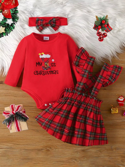 Children's First Christmas Bodysuit and Plaid Dress Outfit Set with Headband - Farnelli