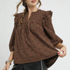 Umgee Bow Print Corduroy Puff Sleeve Blouse with Ruffled - Brown