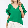 GeeGee Ruffled Short Sleeve V-Neck Blouse - KELLY GREEN