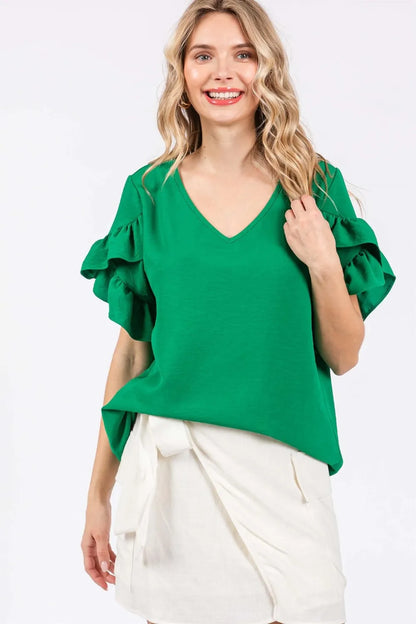 GeeGee Ruffled Short Sleeve V-Neck Blouse - Farnelli