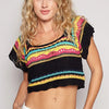POL Openwork Ethnic Pattern Square Neck Cropped Knit Top - Black