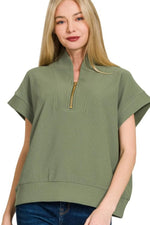 Zenana Ribbed High Neck Half Zip Top - Farnelli