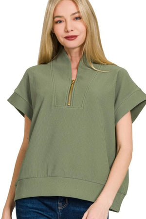 Zenana Ribbed High Neck Half Zip Top - Farnelli