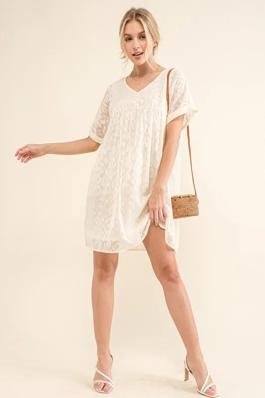 And The Why Woven Leopard Baby Doll Roll-Sleeve Casual Dress - Farnelli