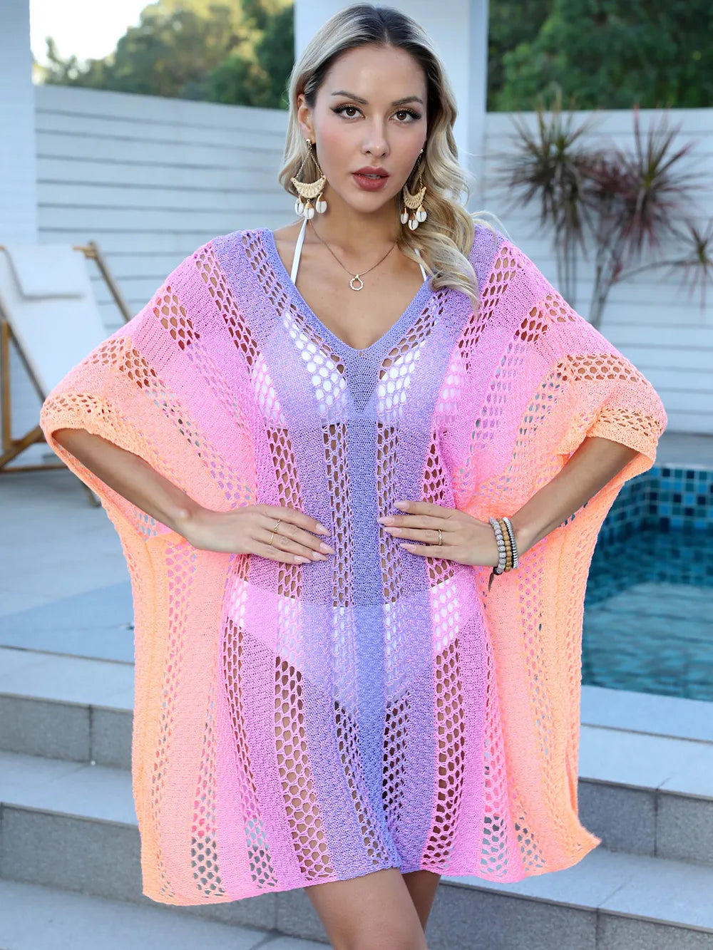 Openwork Contrast V-Neck Cover-Up - Farnelli