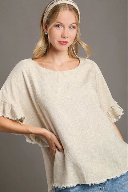 Umgee Full Size Raw Hem Ruffle Short Sleeve Blouse Plus Size - Farnelli