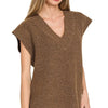Zenana Ribbed Slit V-Neck Sweater Vest - BROWN